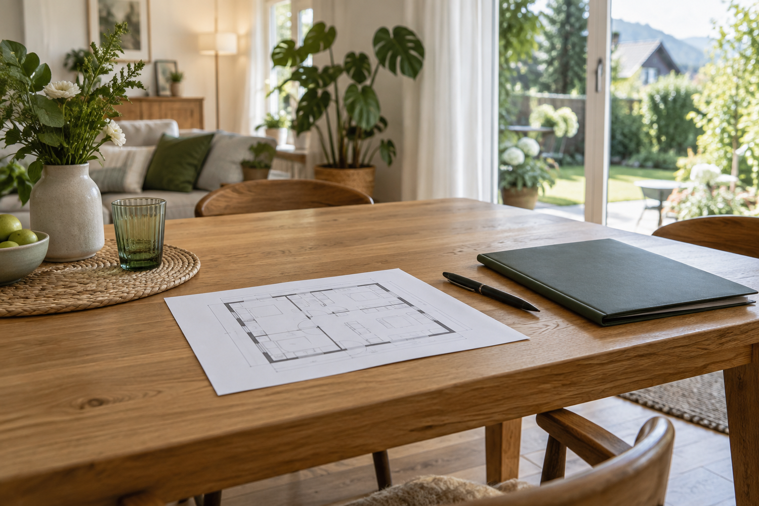 Grundriss, Stift und Mappe auf einem Esstisch vor einer Besichtigung